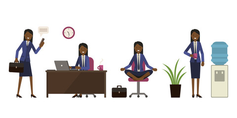 Vector illustration of an office worker. Business woman walking to work, working, doing relaxing yoga and drinking water. Corporate flat design on white isolated background.