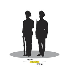 Dark silhouette of two soldiers with a rifle on a white background. Soldiers stand on the post. Flat vector illustration EPS 10