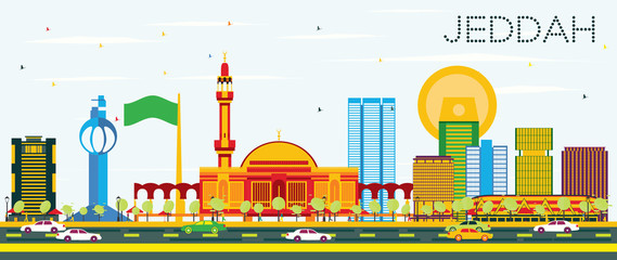 Naklejka premium Jeddah Skyline with Color Buildings and Blue Sky.