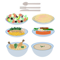 Food  on plate collection, soup, salad, pasta with shrimps, chicken breast, sausage, in flat design 