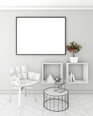 mock up poster frame in light interior background, modern style, 3D render, 3D illustration, 3D viz