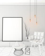 mock up poster frame in light interior background, modern style, 3D render, 3D illustration, 3D viz