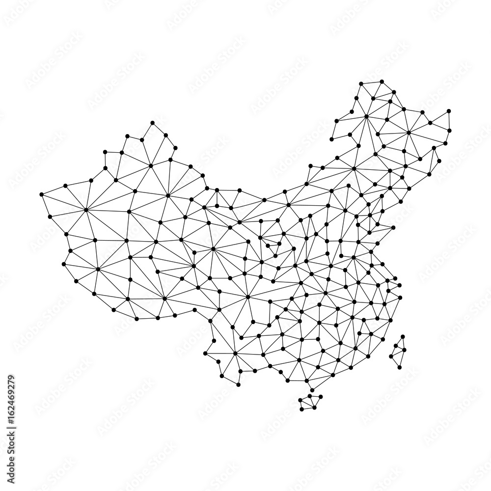 Poster china map of polygonal mosaic lines network, rays and dots vector illustration.