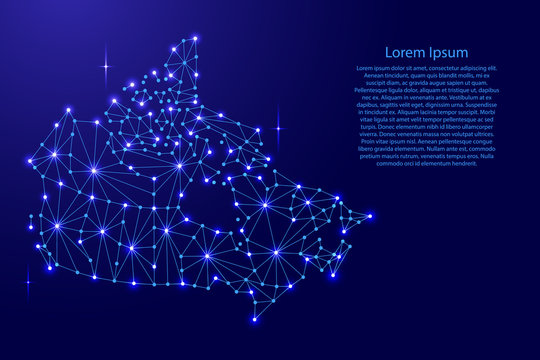 Canada map of polygonal mosaic lines network, rays and space stars of vector illustration.