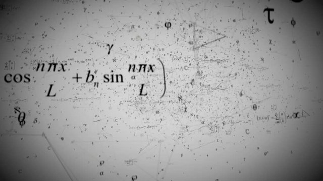 Mathematical background with flying symbols, functions and equations