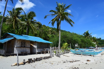 Boat and fisherman's house in the sea.selective focus.