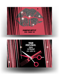 Hairstylist and makeup artist business cards with woman's hair and lips. Vector illustration