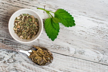 Fototapeta na wymiar Leaves of green tea and collection of useful herbs in a bowl. The concept of healthy eating.
