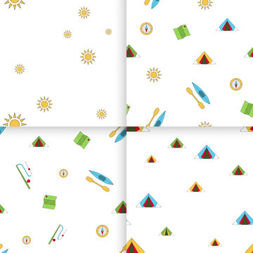 Vector set of seamless patterns on the theme of camping and summer rest on the nature. Patterns painted in a flat style and features thematic elements of tourism