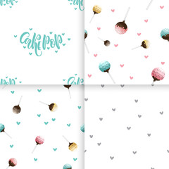 Seamless pattern of cake pops on a stick, isolated on a white background. Food background in vector