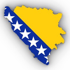 Bosnia and Herzegovina Map Outline with Bosnian Herzegovinian Flag on White with Shadows 3D Illustration