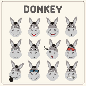 Emoticons set face of donkey in cartoon style. Collection isolated funny muzzle donkey with different emotion.