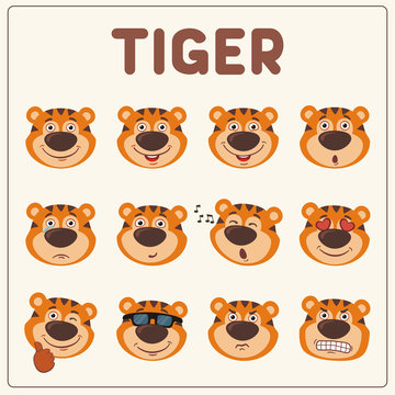 Emoticons set face of tiger in cartoon style. Collection isolated funny muzzle tiger with different emotion.