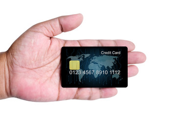 Credit Card holded by hand, close up, isolated on a white background