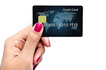 Credit Card holded by hand, close up, isolated on a white background