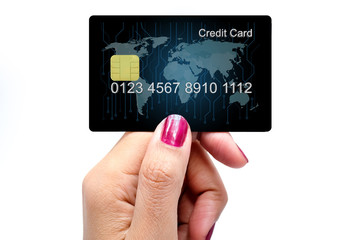 Credit Card holded by hand, close up, isolated on a white background