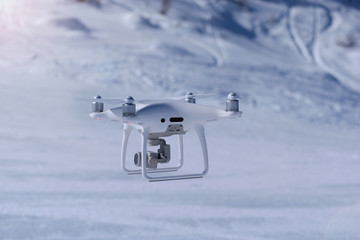 Flying drone in winter Alpine landscape panorama