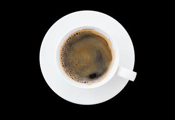 cup of black americano coffee top view isolated on black background