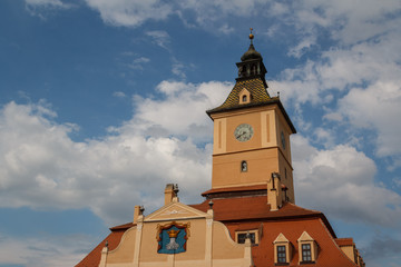 Tower of the town hall in the historic centre of Brasov, Romania