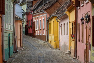 Street in the historic centre of Sighisoara, Romania