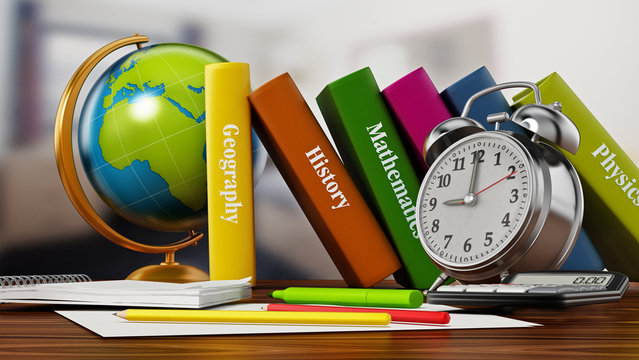 Globe, books, clock and pen sisolated on white background. 3D illustration