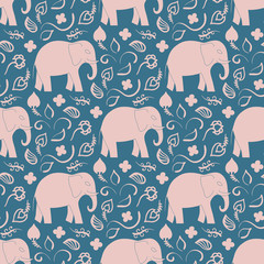 Seamless pattern with elephants and flowers. Background for textile, baby shower, greeting card, wrapping. Flora oriental l ornament.