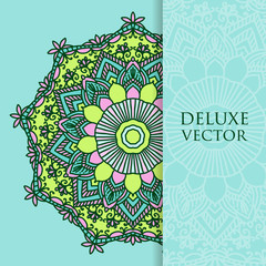 Square invite template. Vector invitation with mandala design element. Round flower ornament. Decorative vintage print. Luxury floral weave pattern.