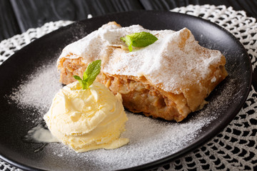 Homemade apple strudel with vanilla ice cream and mint closeup. horizontal
