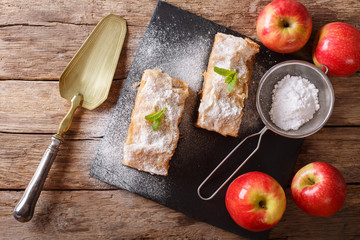Apple strudel sprinkled with sugar powder close-up on the table. Horizontal top view