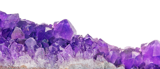lilac amethyst crystals closeup on white - obrazy, fototapety, plakaty
