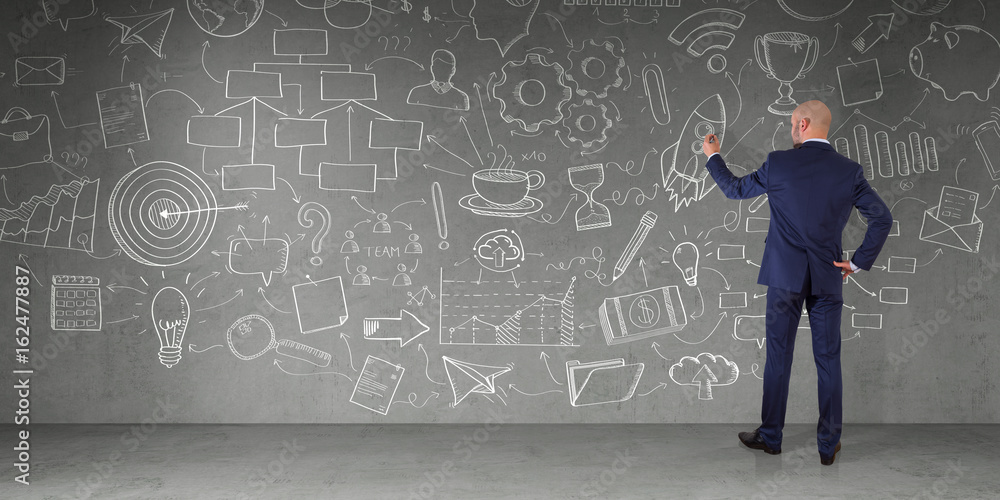 Poster businessman drawing a project sketch on a wall 3d rendering
