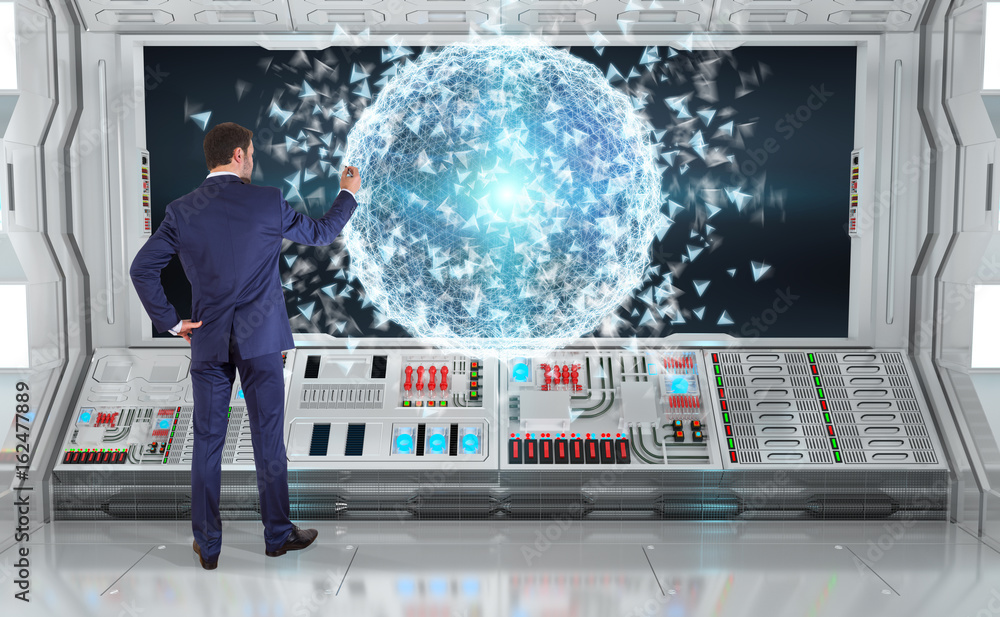 Aufkleber businessman using digital planet earth interface on a board 3d rendering