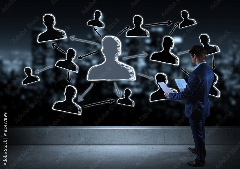 Poster businessman watching social network sketch on a rooftop 3d rendering