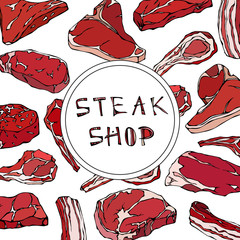 Steak Shop Card with Meat Products.Restaurant Menu or Butcher Market Template. Beef Steak, Lamb, Pork Rib. Vector Illustration Isolated On a White Background. Realistic Hand Drawn Doodle Style Sketch