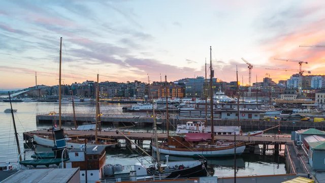 Time Lapse video of Oslo city, Oslo port with boats and yachts at twilight in Norway
