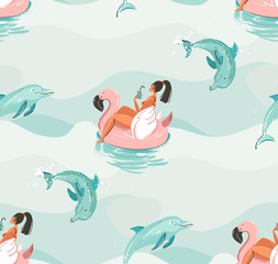 Hand drawn vector abstract cute summer time seamless pattern with beach girl swimming on pink flamingo float circle and dolphins in blue ocean water waves texture background.