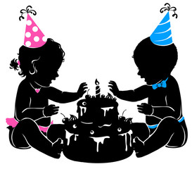 Silhouette baby twins with birthday cake with candle