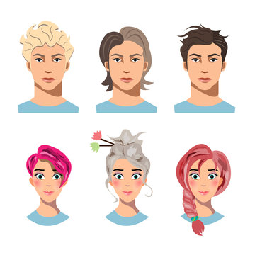 Set of men and women with different hair