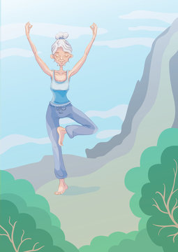An elderly gray-haired woman practice yoga outdoors on the edge of the cliff, standing on one leg. Active lifestyle and sport activities in old age. Vector illustration.