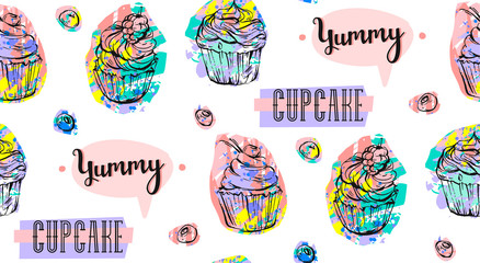 Hand drawn vector abstract seamless artistic abstract creative colorful cupcakes and berries pattern isolated on white background.Sweet food decoration for fabric,wrapping,label,design,logo,birthday
