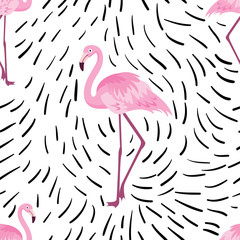 seamless pattern with cute cartoon flamingo on white background © martynmarin