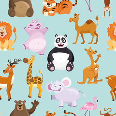 seamless pattern with cute animals. Collection of isolated animals in cartoon style