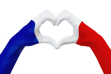 Hands flag of France, shape a heart. Concept of country symbol, isolated on white.