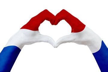 Hands flag of Netherlands, shape a heart. Concept of country symbol, isolated on white.