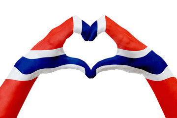 Hands flag of Norway, shape a heart. Concept of country symbol, isolated on white.