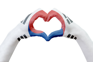 Hands flag of South Korea, shape a heart. Concept of country symbol, isolated on white.