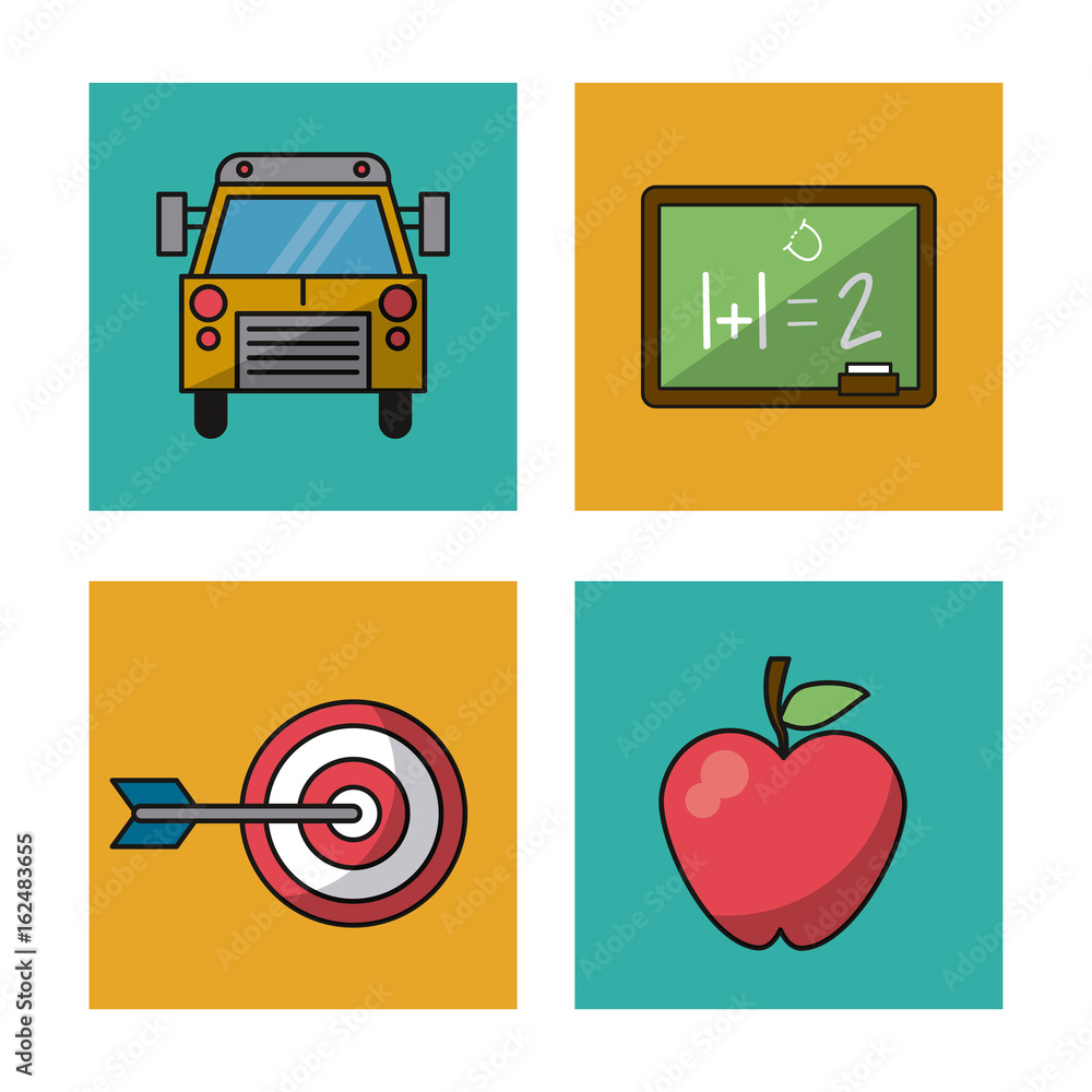 Poster white background with colorful squares of education icons with bus and blackboard and target and app