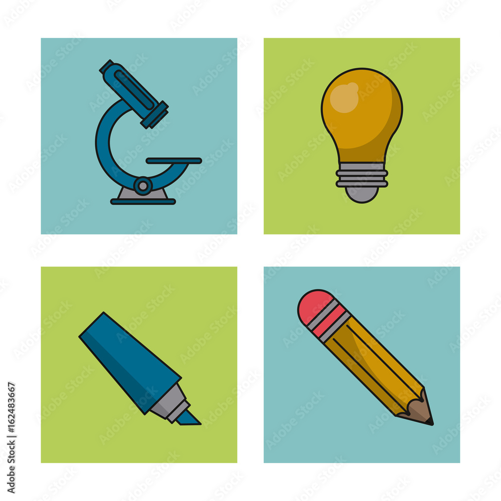 Poster white background with colorful squares of education icons with microscope and light bulb and pencil 