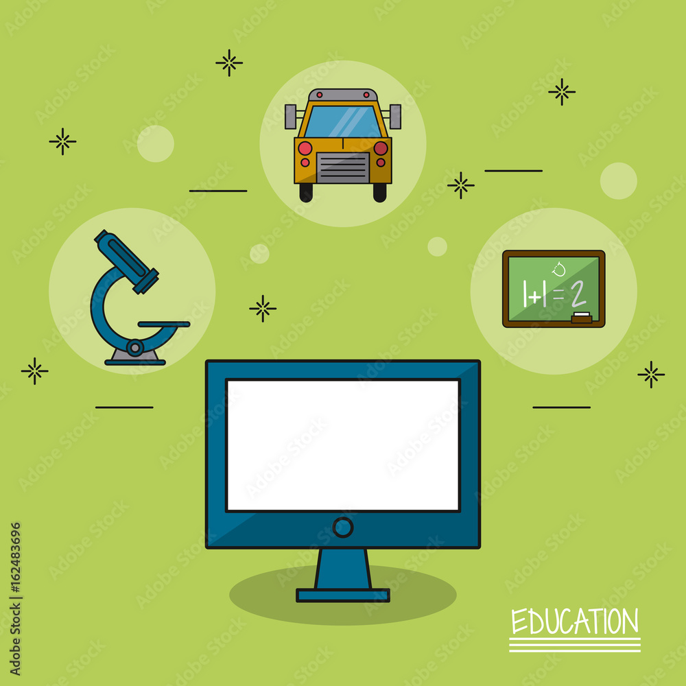 Poster colorful poster of education with computer in closeup and icons of microscope and bus and blackboard
