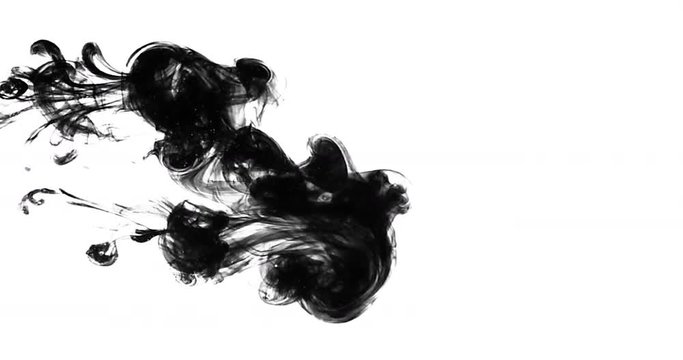 black ink splattering and washing on white background, ink splatter effect